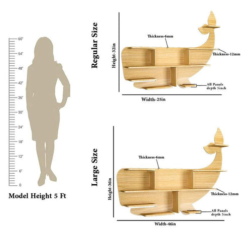 Whale Backlit Designer Wooden Wall Shelf / Book Shelf / Night Light, Light Oak Finish - Decor Mantra 
