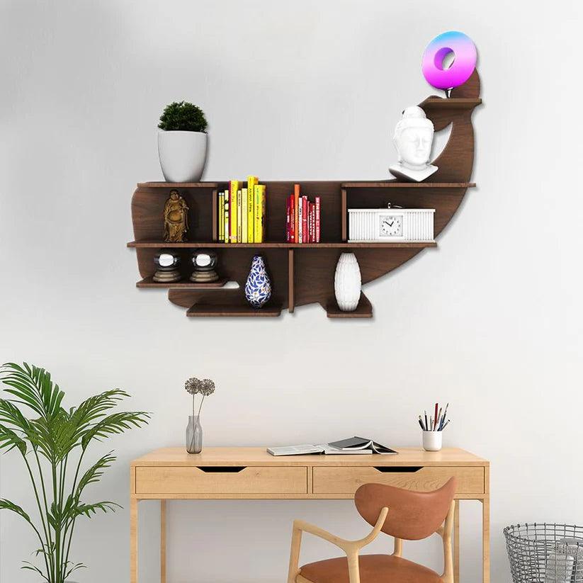Whale Backlit Designer Wooden Wall Shelf / Book Shelf / Night Light, Walnut Finish - Decor Mantra 