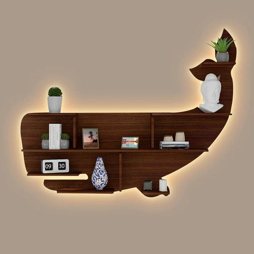 Whale Backlit Designer Wooden Wall Shelf / Book Shelf / Night Light, Walnut Finish - Decor Mantra 