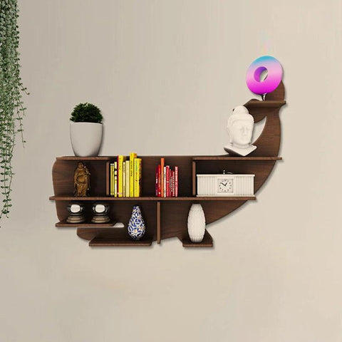 Whale Backlit Designer Wooden Wall Shelf / Book Shelf / Night Light, Walnut Finish - Decor Mantra 