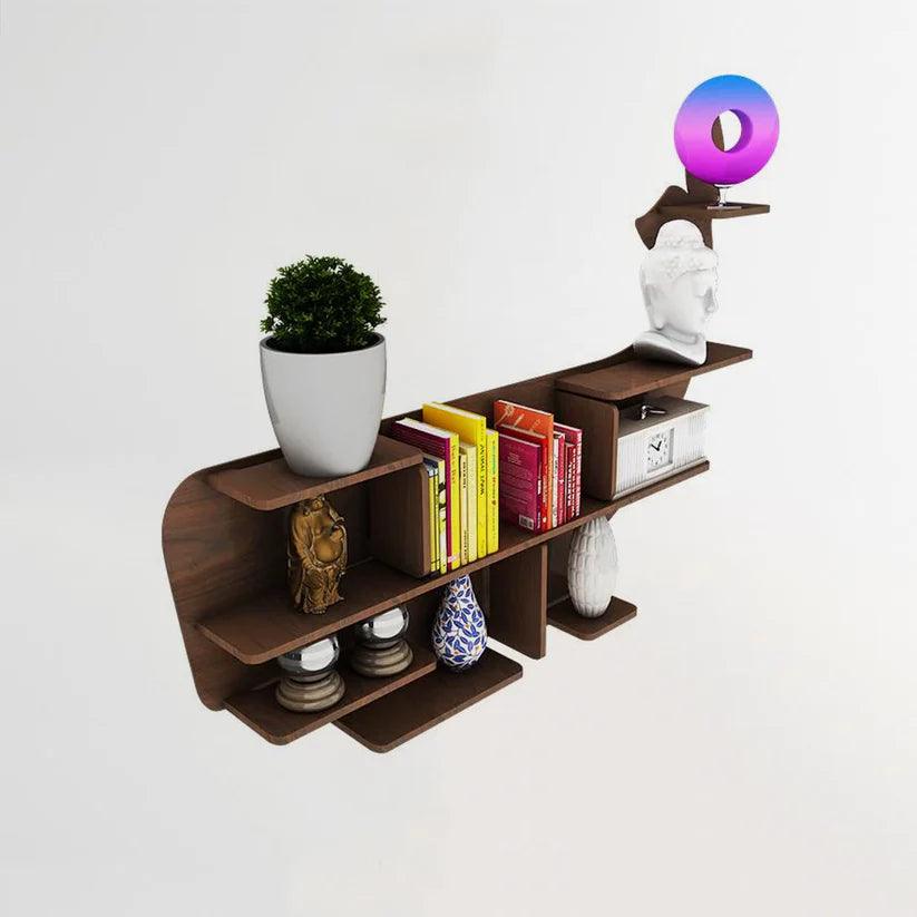 Whale Backlit Designer Wooden Wall Shelf / Book Shelf / Night Light, Walnut Finish - Decor Mantra 