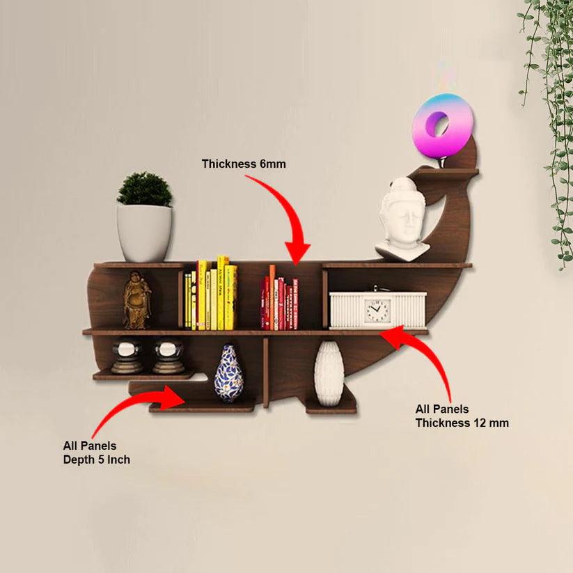 Whale Backlit Designer Wooden Wall Shelf / Book Shelf / Night Light, Walnut Finish - Decor Mantra 