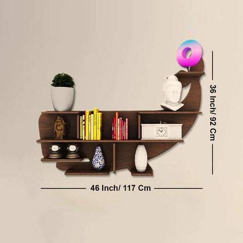 Whale Backlit Designer Wooden Wall Shelf / Book Shelf / Night Light, Walnut Finish - Decor Mantra 