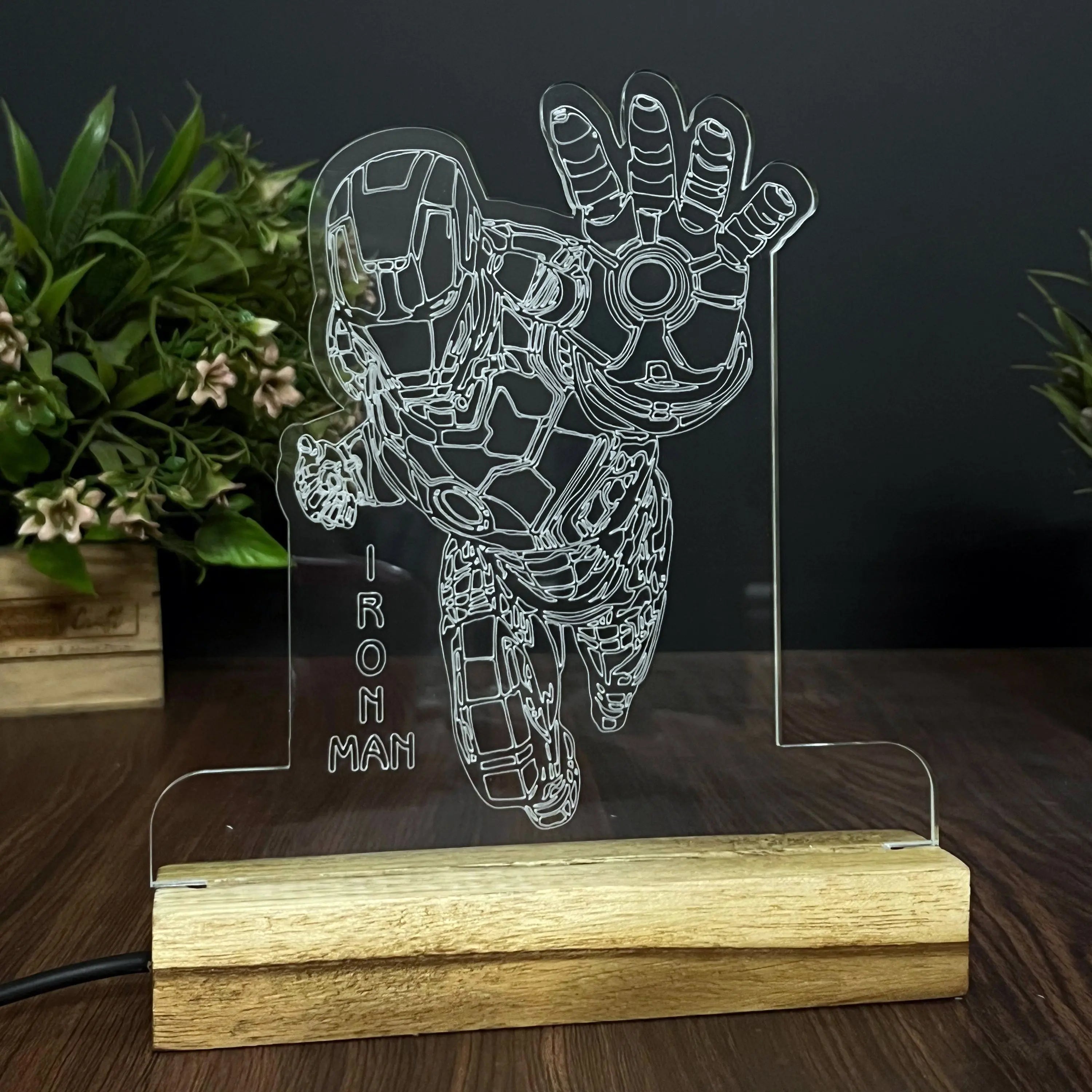 3D Illusion Iron man Night Lamp – Acrylic LED Light with Wooden Base - Harshita Craft