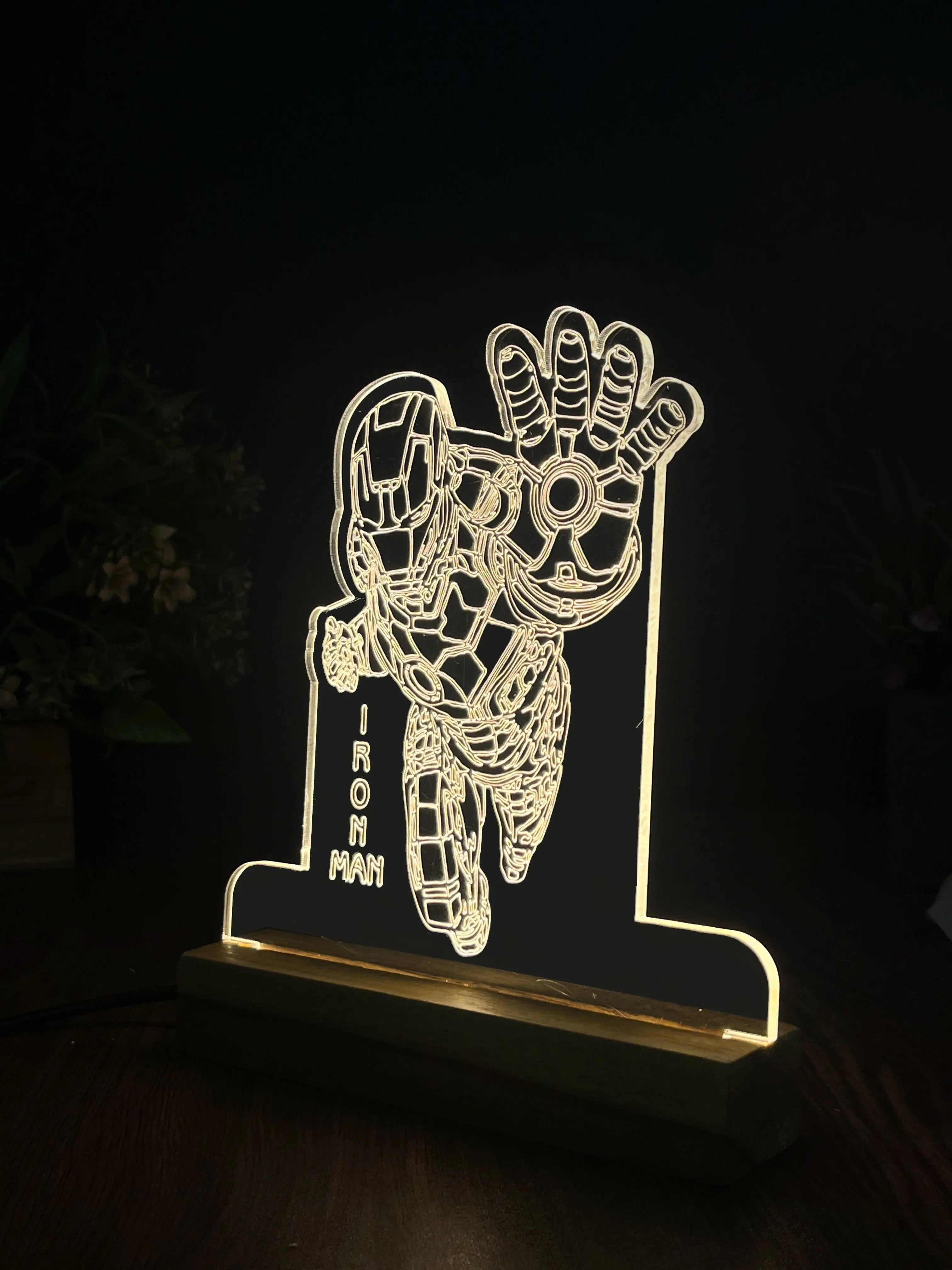 3D Illusion Iron man Night Lamp – Acrylic LED Light with Wooden Base - Harshita Craft
