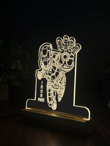 3D Illusion Iron man Night Lamp – Acrylic LED Light with Wooden Base