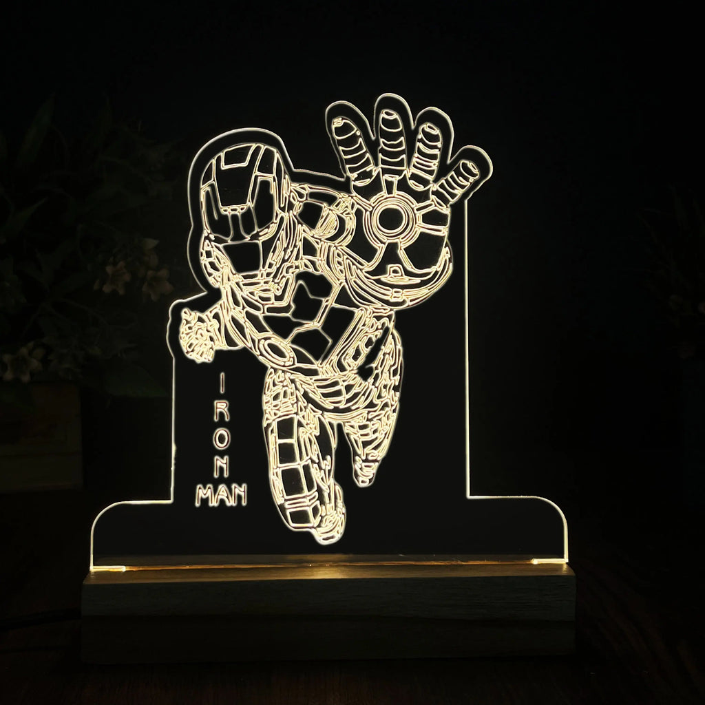 3D Illusion Iron man Night Lamp – Acrylic LED Light with Wooden Base - Harshita Craft
