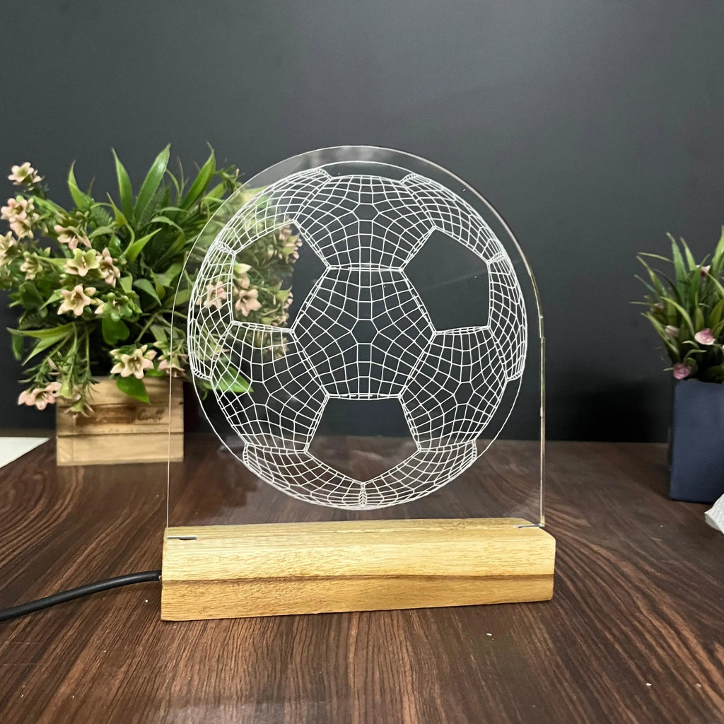 3D Illusion Football Night Lamp – Acrylic LED Light with Wooden Base - Harshita Craft
