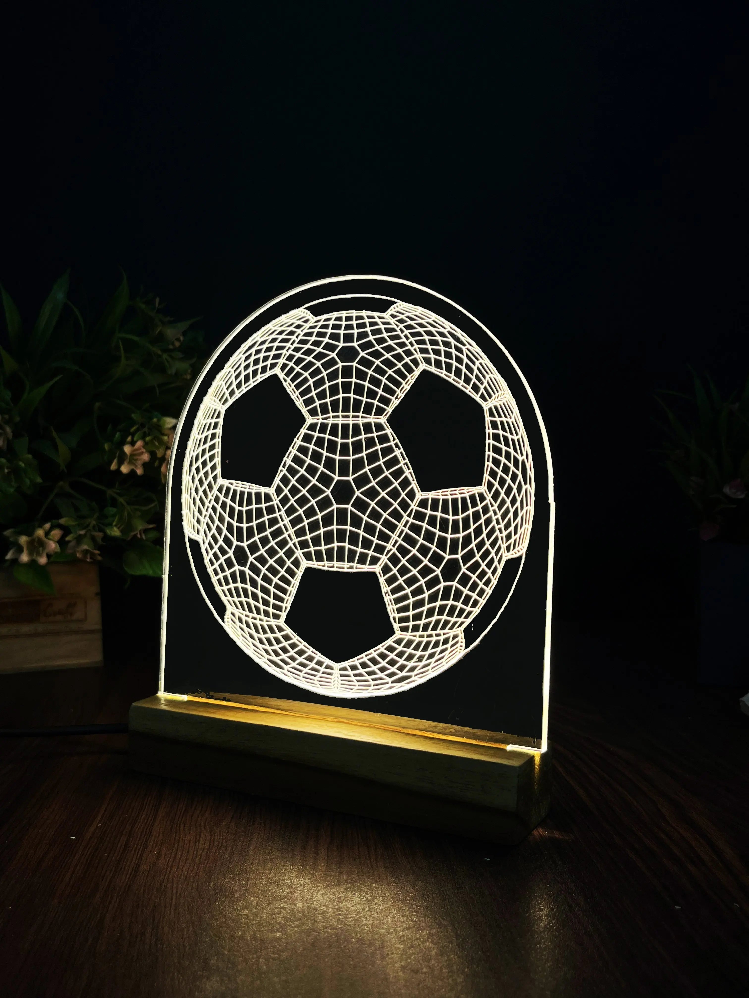 3D Illusion Football Night Lamp – Acrylic LED Light with Wooden Base - Harshita Craft