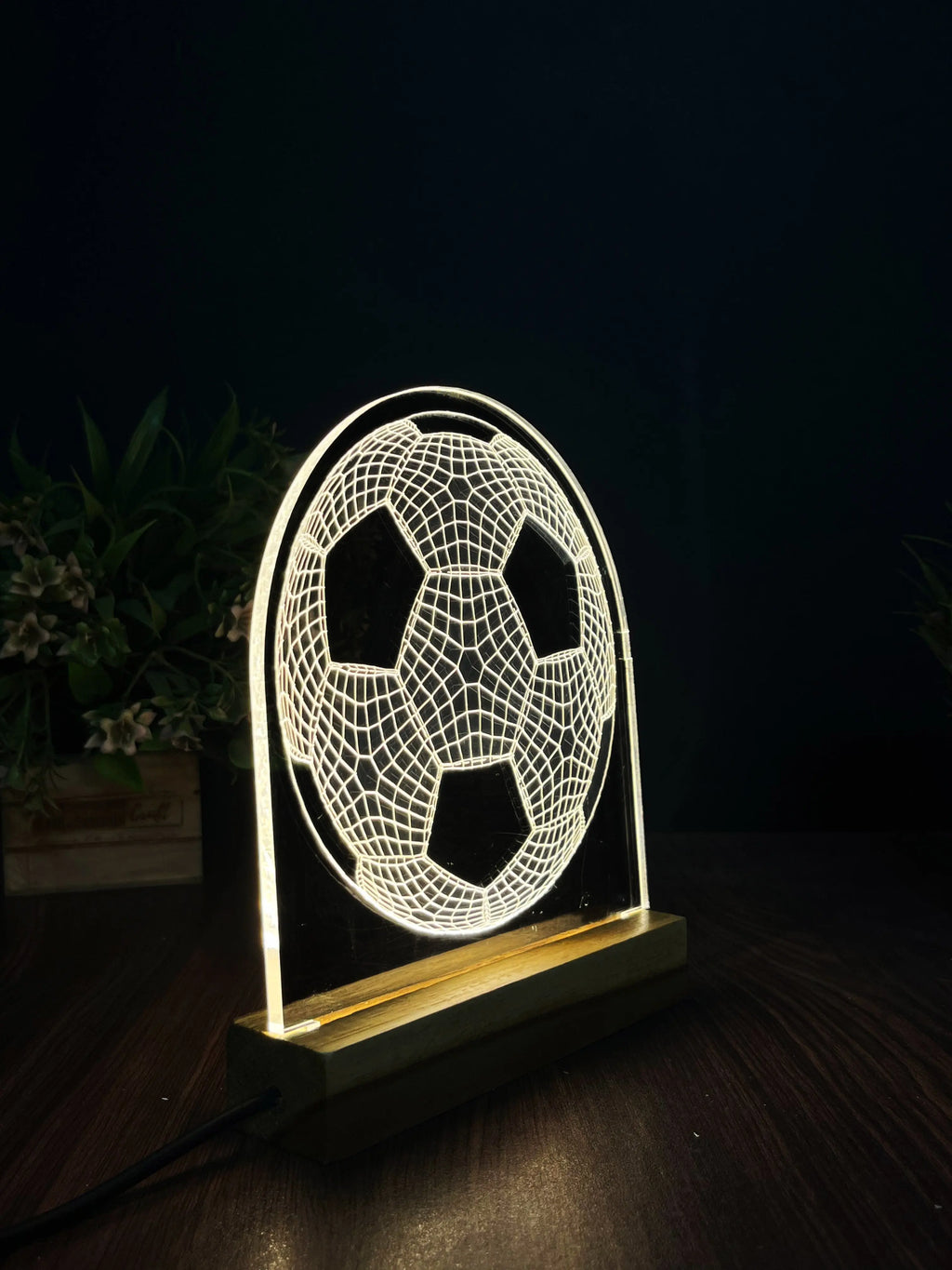 3D Illusion Football Night Lamp – Acrylic LED Light with Wooden Base - Harshita Craft