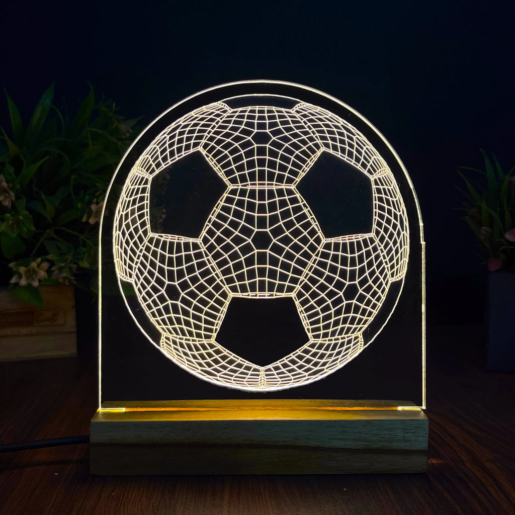 3D Illusion Football Night Lamp – Acrylic LED Light with Wooden Base - Harshita Craft
