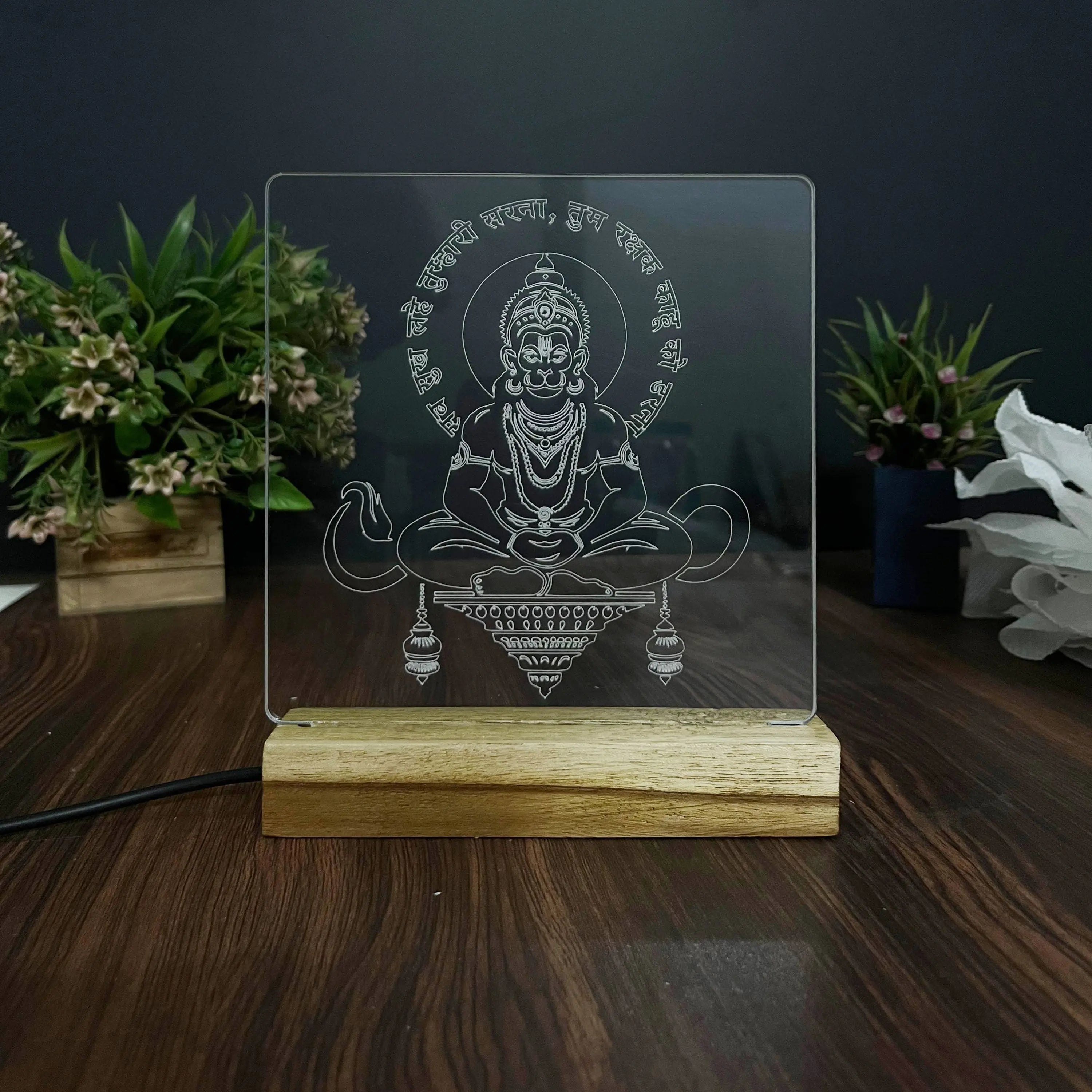 LED Engraved Acrylic Lamp with Lord Hanuman Design - Wooden Base for Spiritual Decor - Harshita Craft
