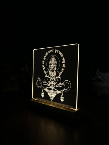 LED Engraved Acrylic Lamp with Lord Hanuman Design - Wooden Base for Spiritual Decor