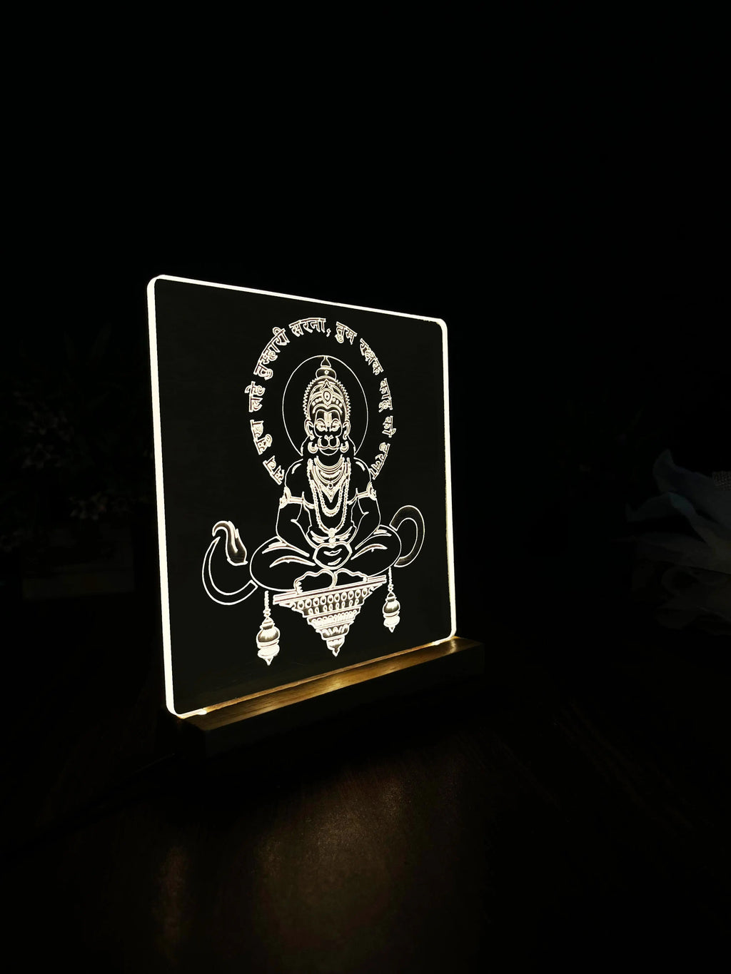 LED Engraved Acrylic Lamp with Lord Hanuman Design - Wooden Base for Spiritual Decor - Harshita Craft