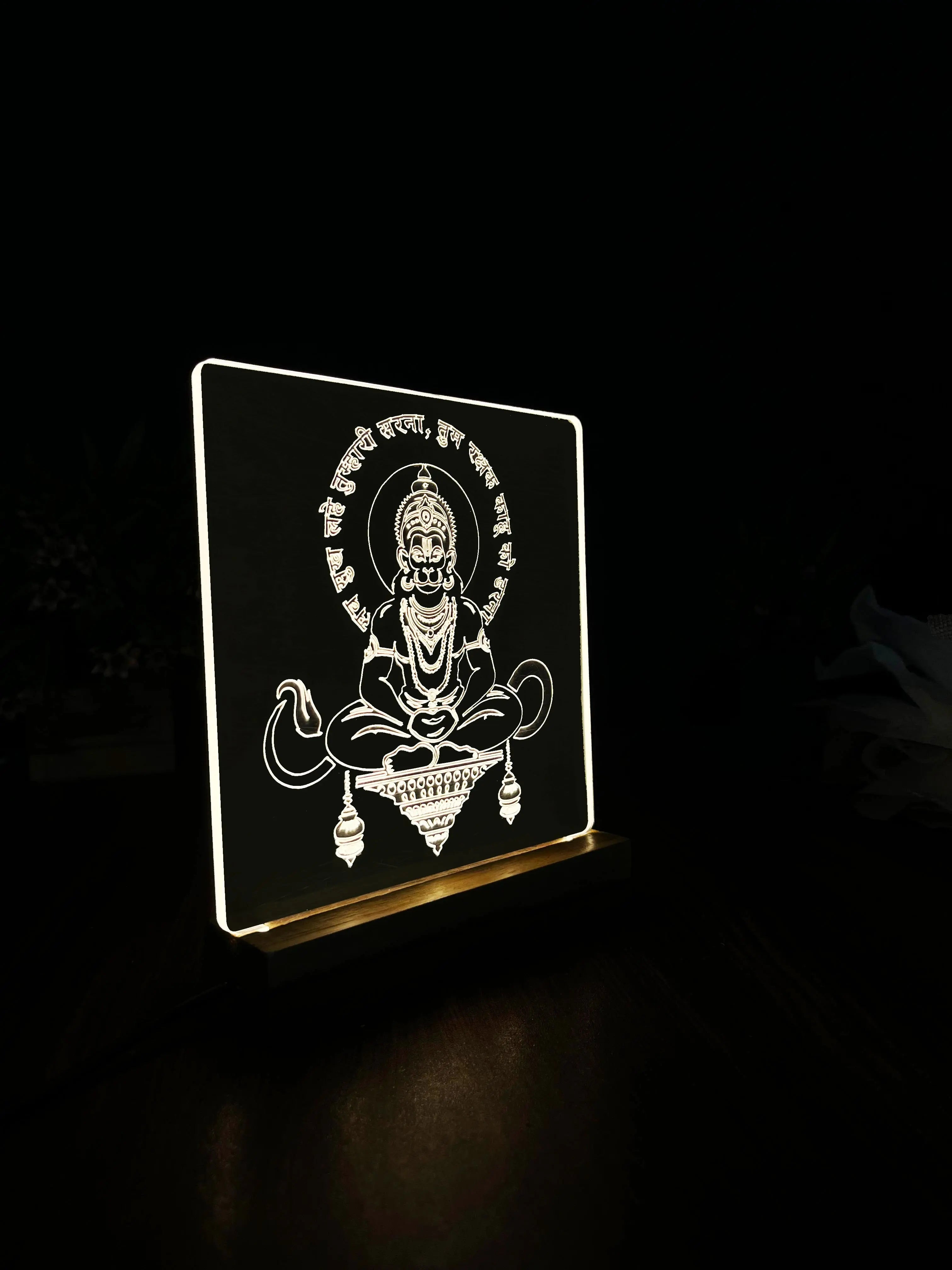 LED Engraved Acrylic Lamp with Lord Hanuman Design - Wooden Base for Spiritual Decor - Harshita Craft