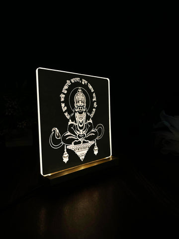LED Engraved Acrylic Lamp with Lord Hanuman Design - Wooden Base for Spiritual Decor