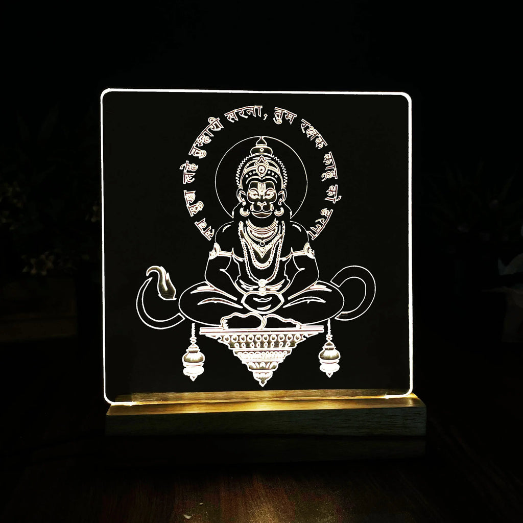 LED Engraved Acrylic Lamp with Lord Hanuman Design - Wooden Base for Spiritual Decor - Harshita Craft