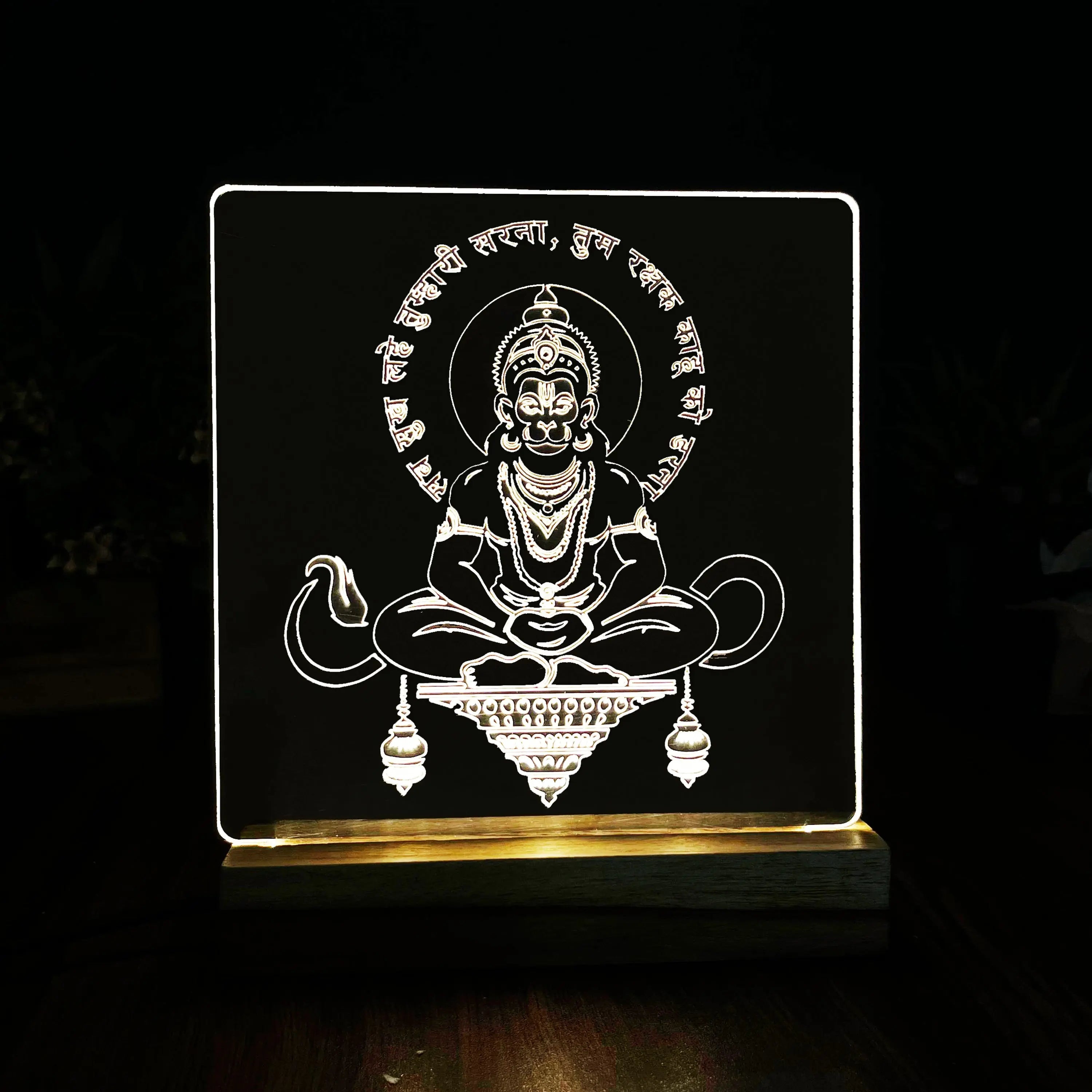 LED Engraved Acrylic Lamp with Lord Hanuman Design - Wooden Base for Spiritual Decor - Harshita Craft