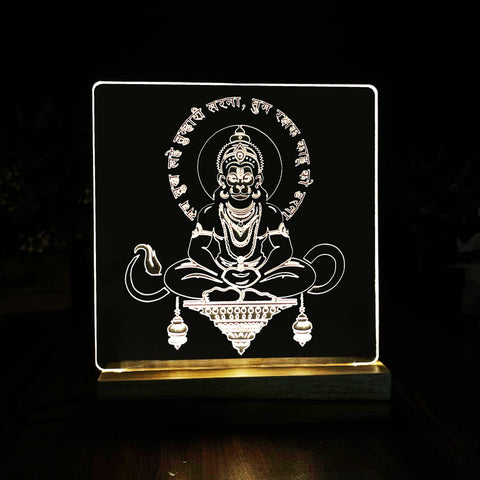LED Engraved Acrylic Lamp with Lord Hanuman Design - Wooden Base for Spiritual Decor