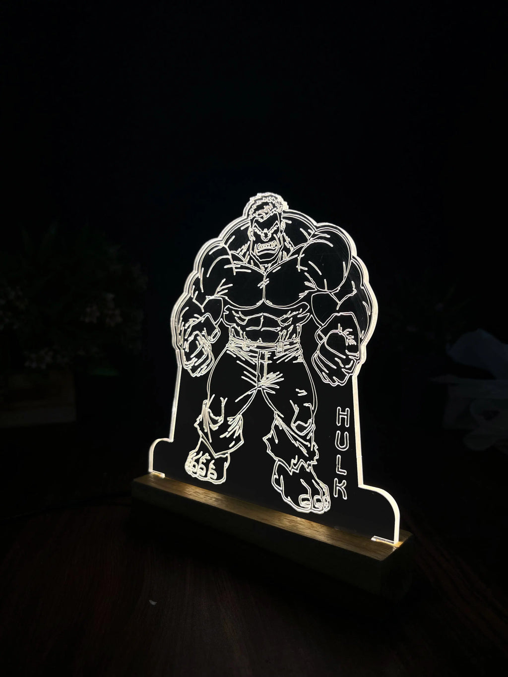 3D Illusion Hulk Night Lamp – Acrylic LED Light with Wooden Base - Harshita Craft