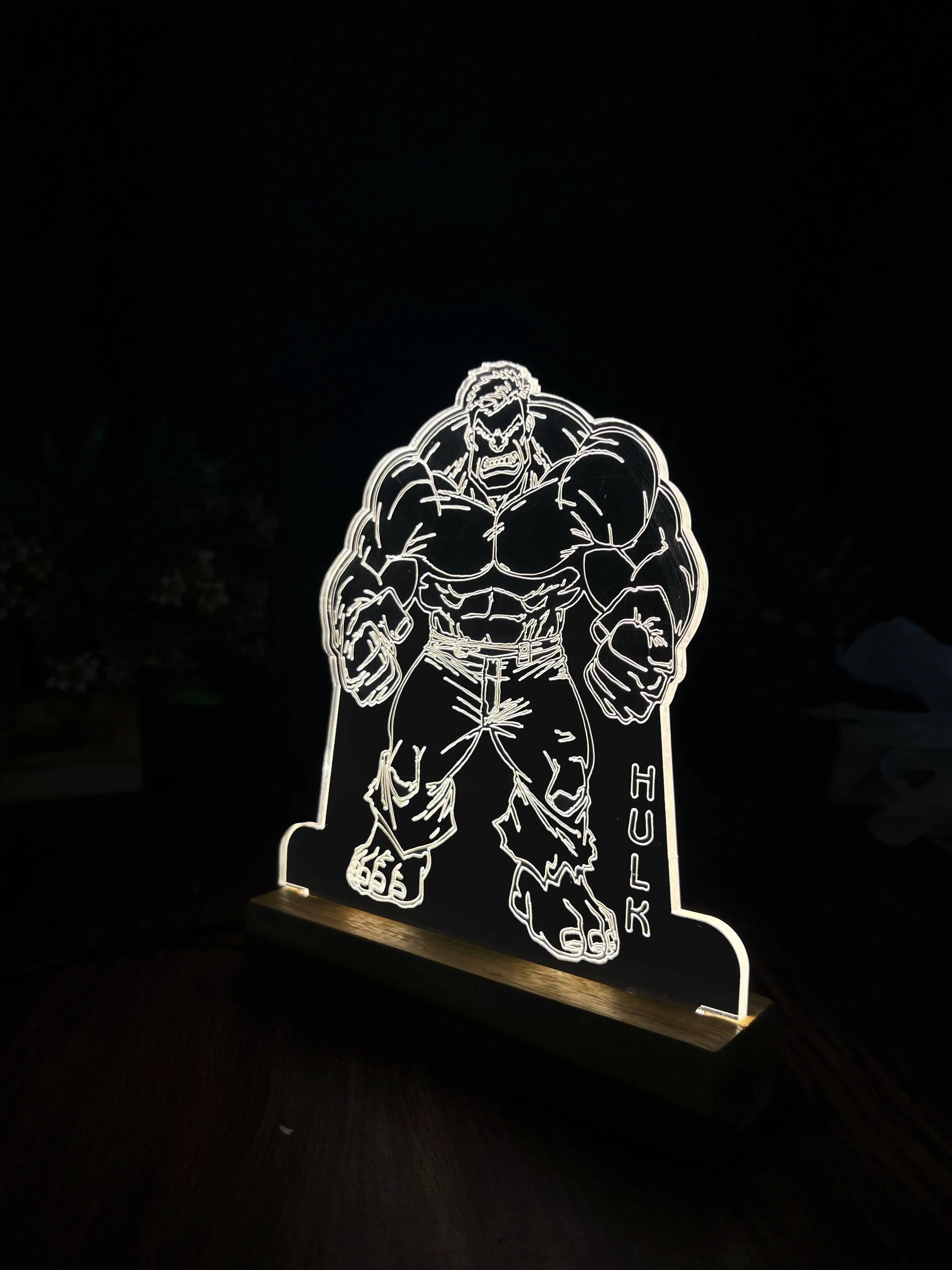3D Illusion Hulk Night Lamp – Acrylic LED Light with Wooden Base - Harshita Craft