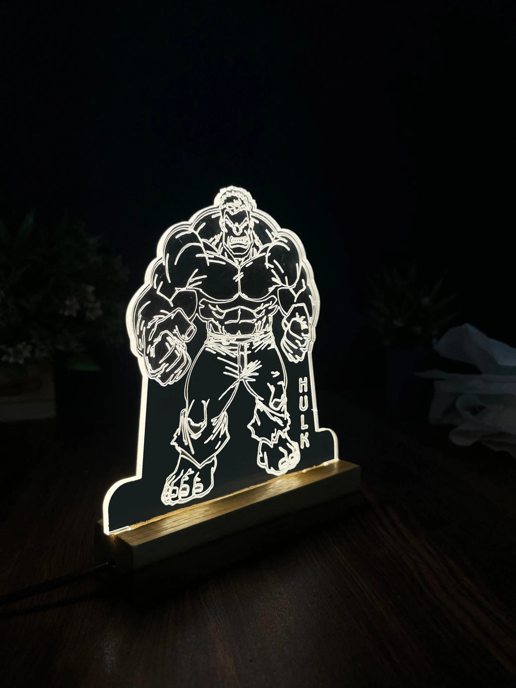 3D Illusion Hulk Night Lamp – Acrylic LED Light with Wooden Base - Harshita Craft