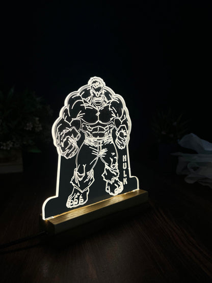 3D Illusion Hulk Night Lamp – Acrylic LED Light with Wooden Base