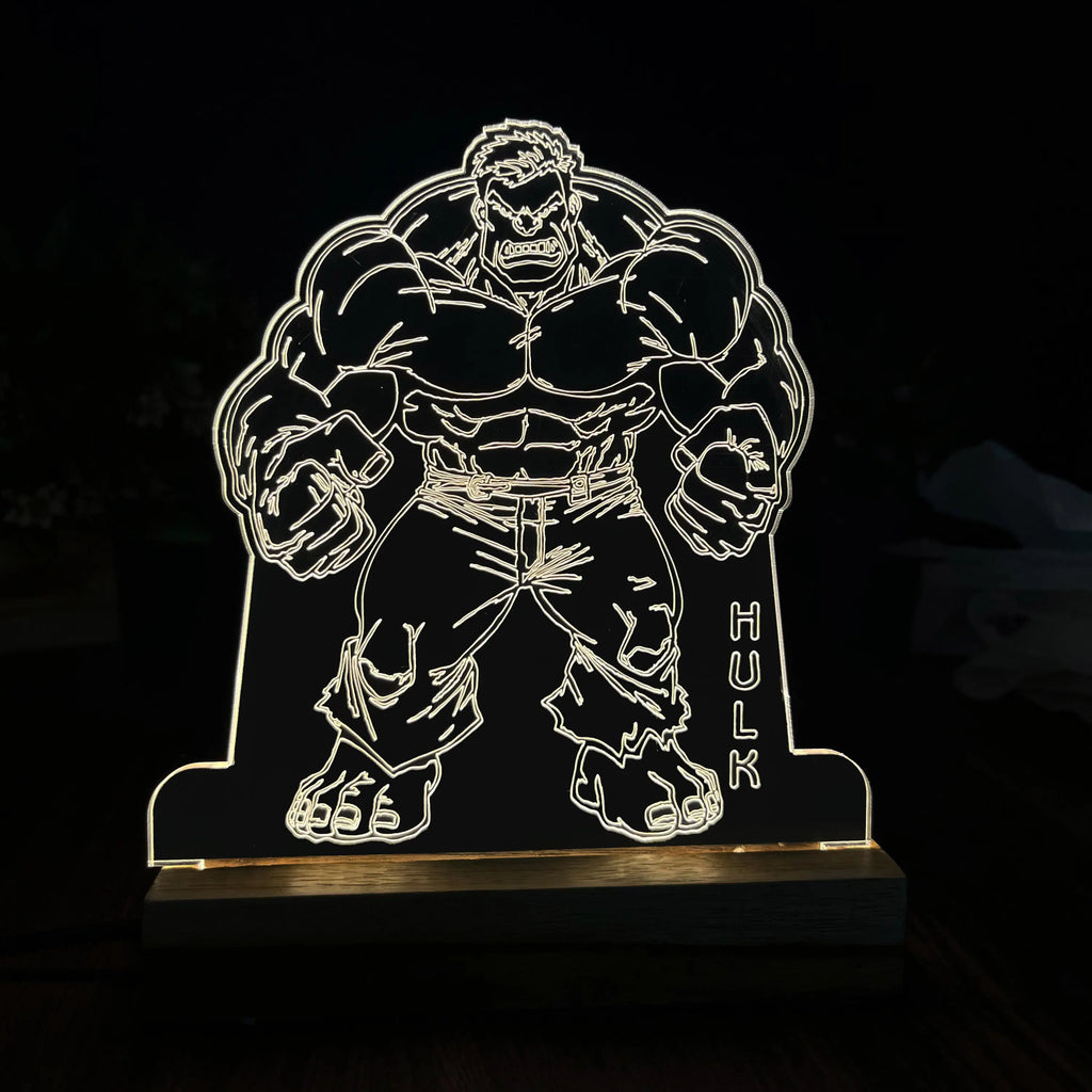 3D Illusion Hulk Night Lamp – Acrylic LED Light with Wooden Base - Harshita Craft