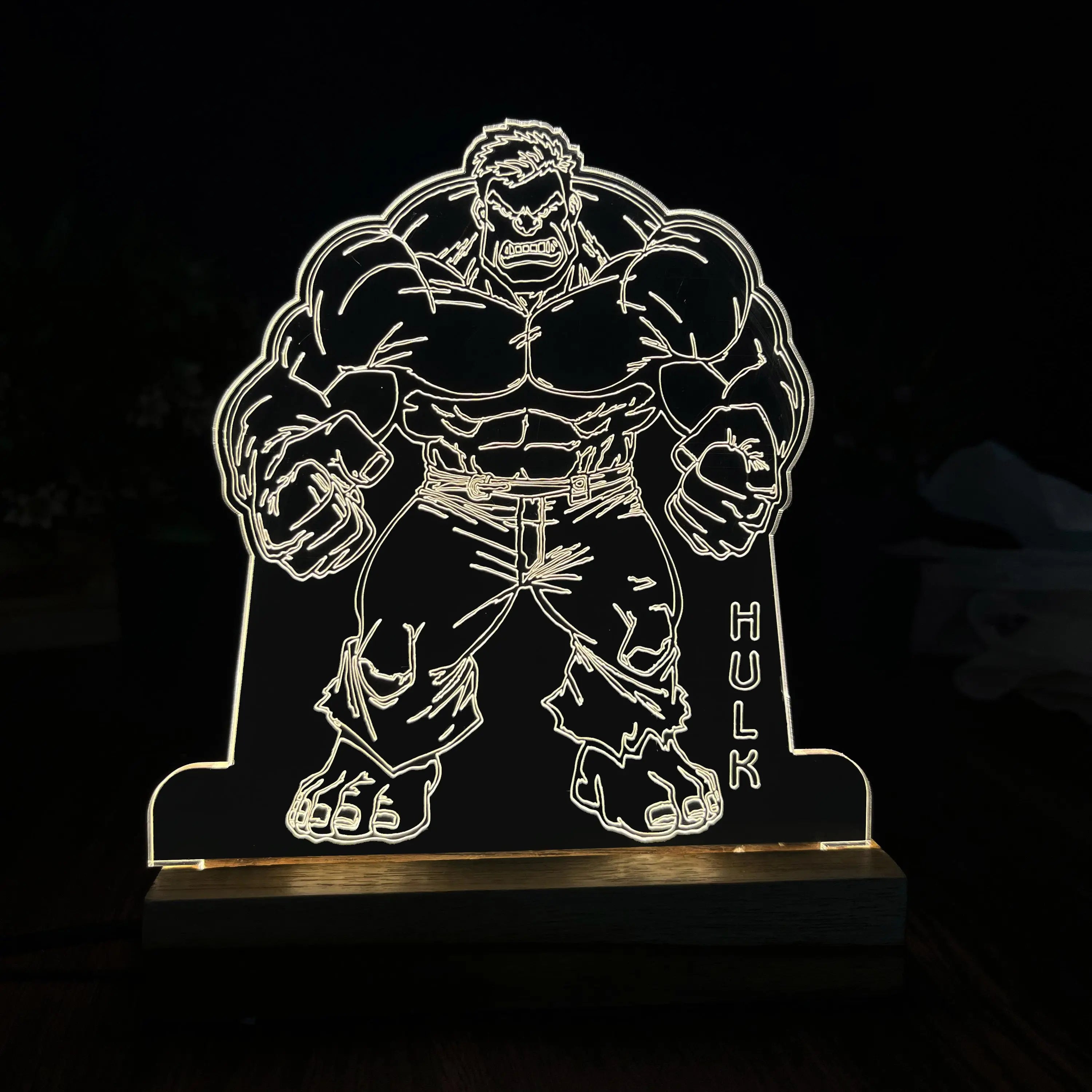 3D Illusion Hulk Night Lamp – Acrylic LED Light with Wooden Base - Harshita Craft