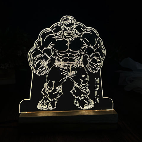 3D Illusion Hulk Night Lamp – Acrylic LED Light with Wooden Base