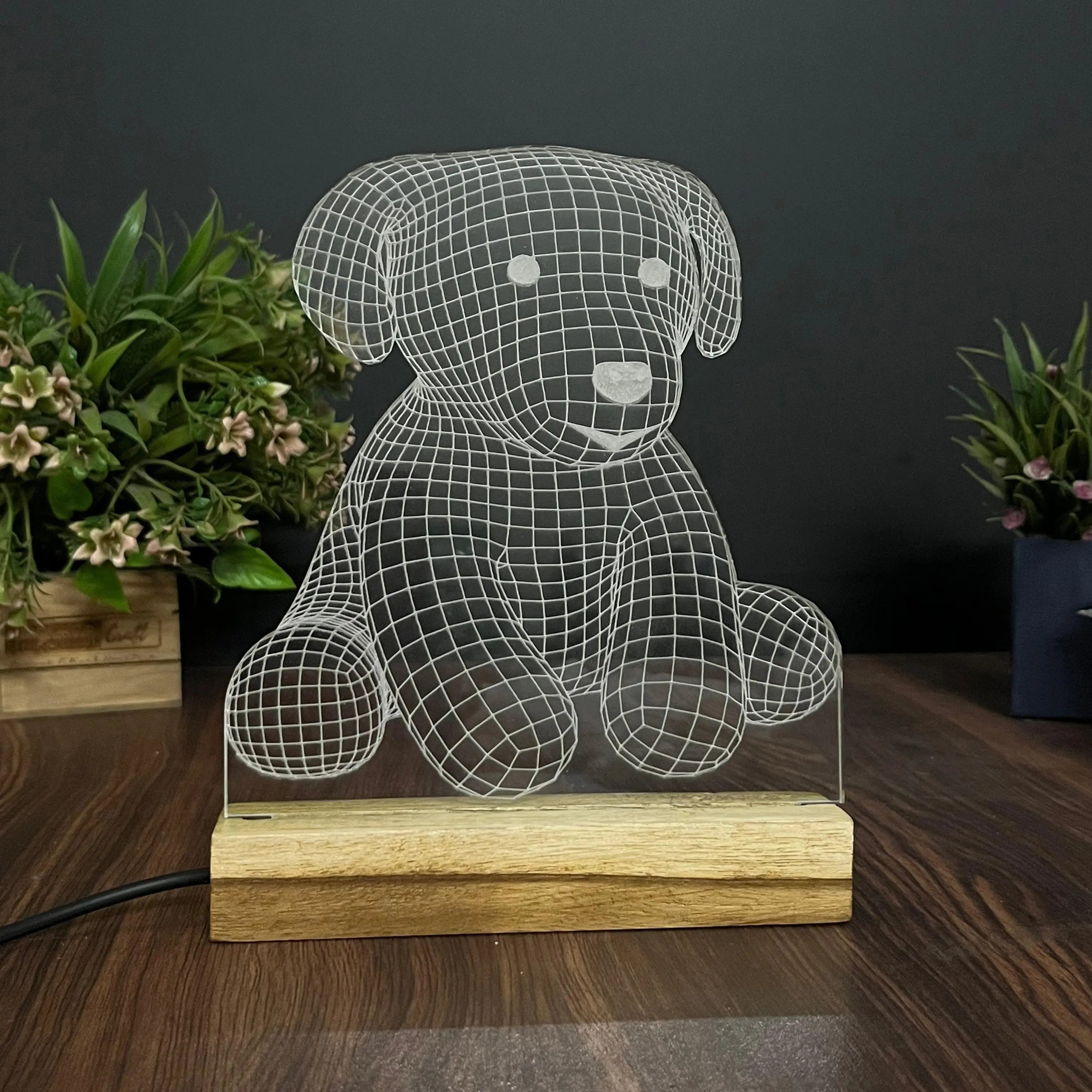 3D Illusion Puppy Night Lamp – Acrylic LED Light with Wooden Base - Harshita Craft