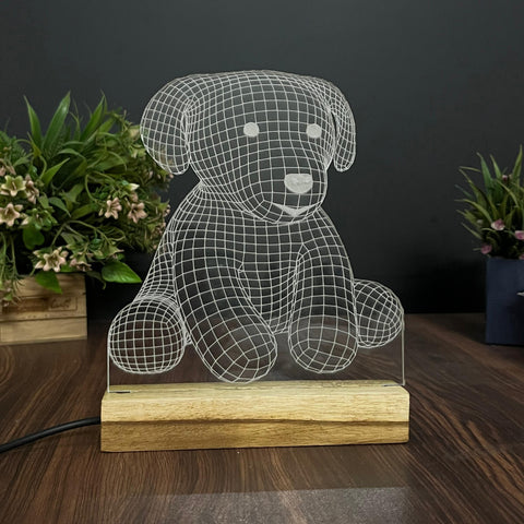 3D Illusion Puppy Night Lamp – Acrylic LED Light with Wooden Base