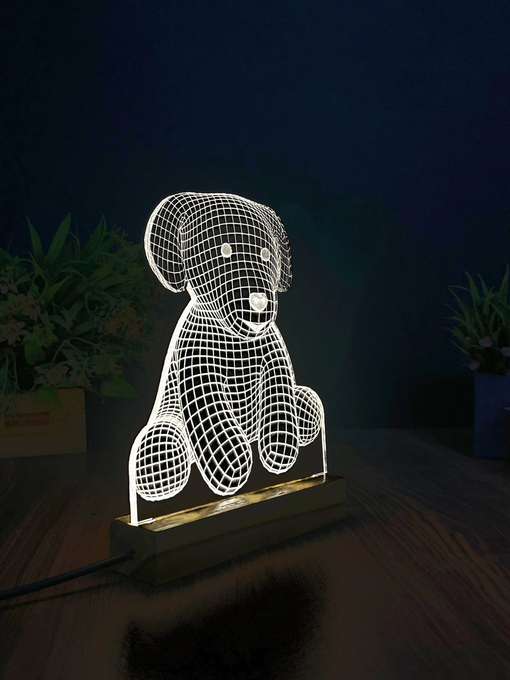 3D Illusion Puppy Night Lamp – Acrylic LED Light with Wooden Base - Harshita Craft