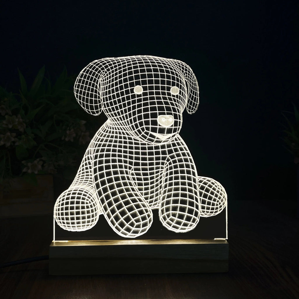3D Illusion Puppy Night Lamp – Acrylic LED Light with Wooden Base - Harshita Craft