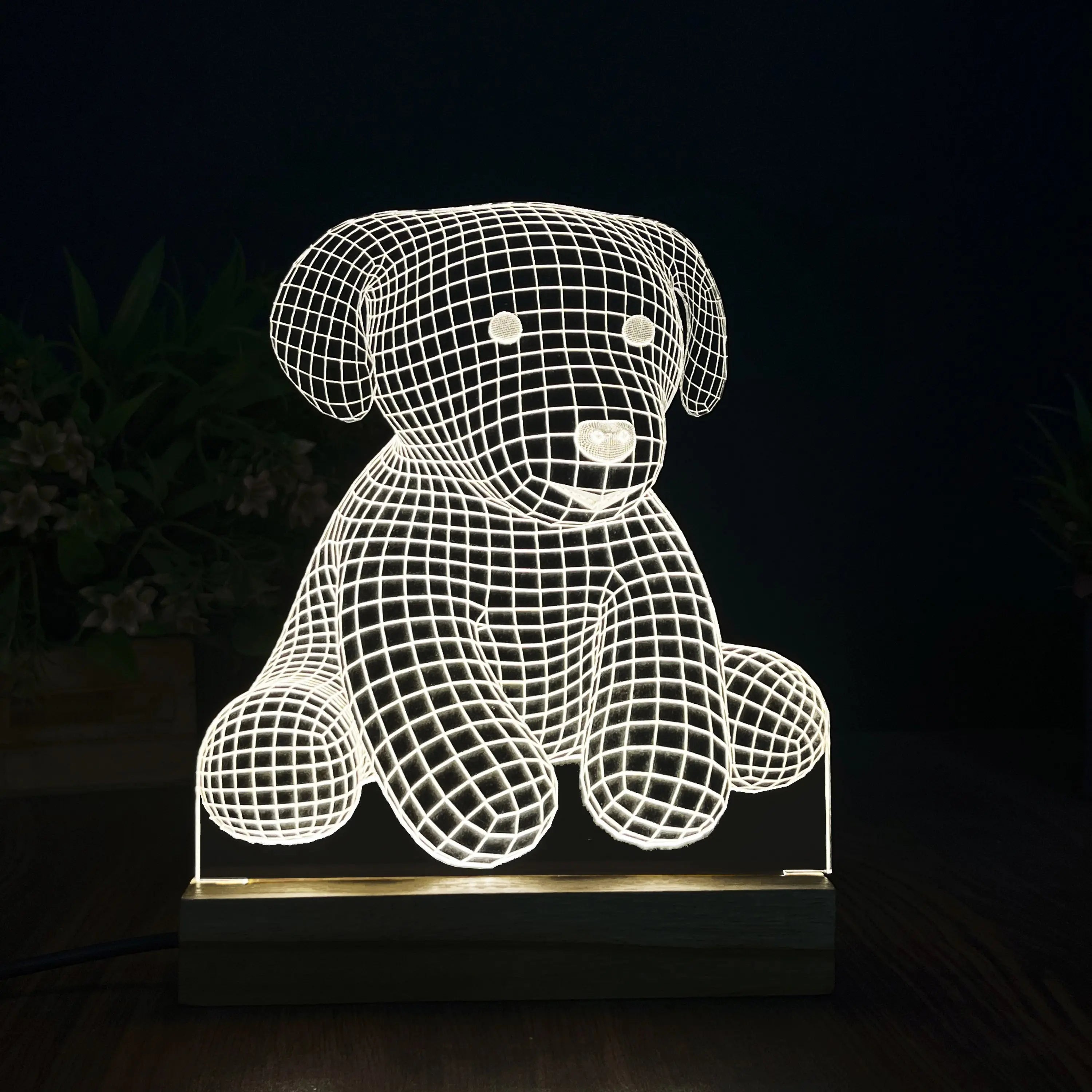 3D Illusion Puppy Night Lamp – Acrylic LED Light with Wooden Base - Harshita Craft