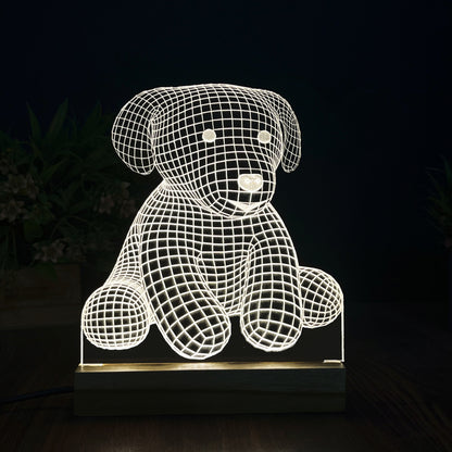 3D Illusion Puppy Night Lamp – Acrylic LED Light with Wooden Base