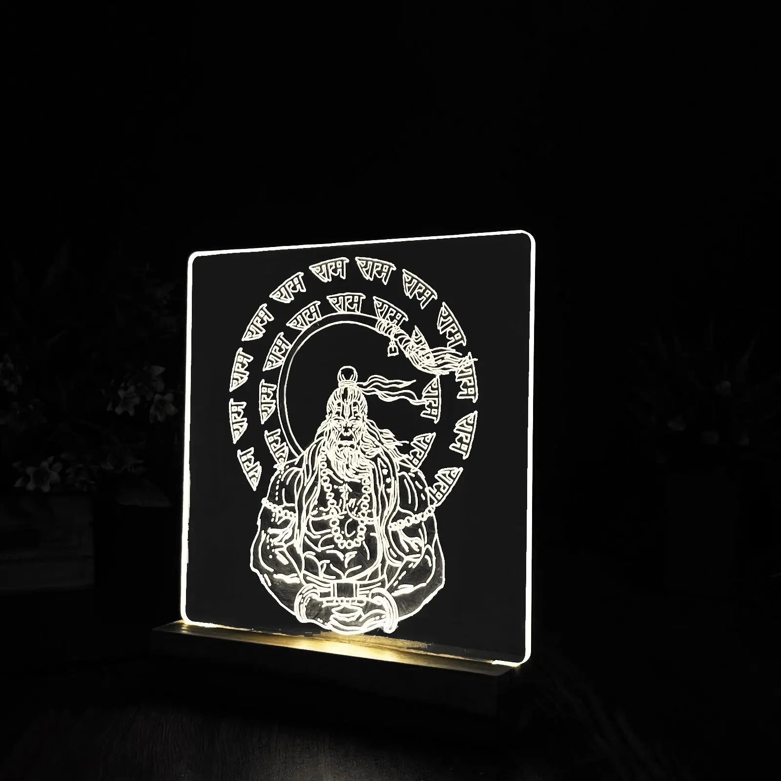Engraved Acrylic LED Table Lamp with Spiritual Design - Wooden Base - Harshita Craft