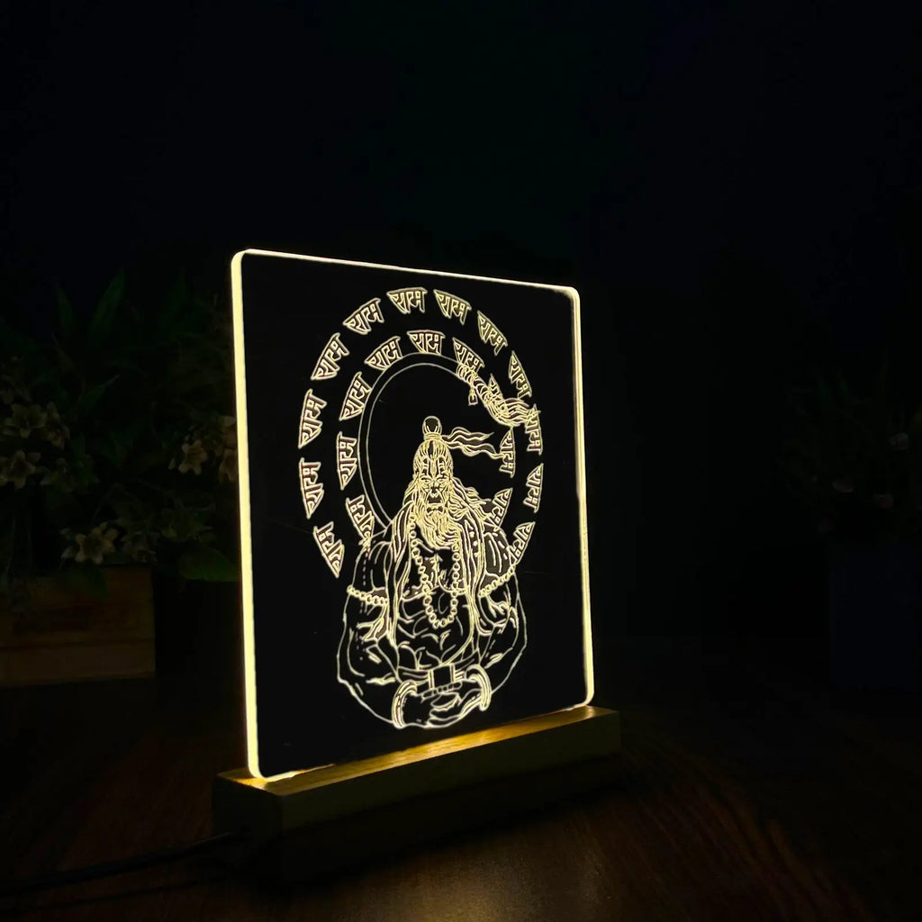Engraved Acrylic LED Table Lamp with Spiritual Design - Wooden Base - Harshita Craft