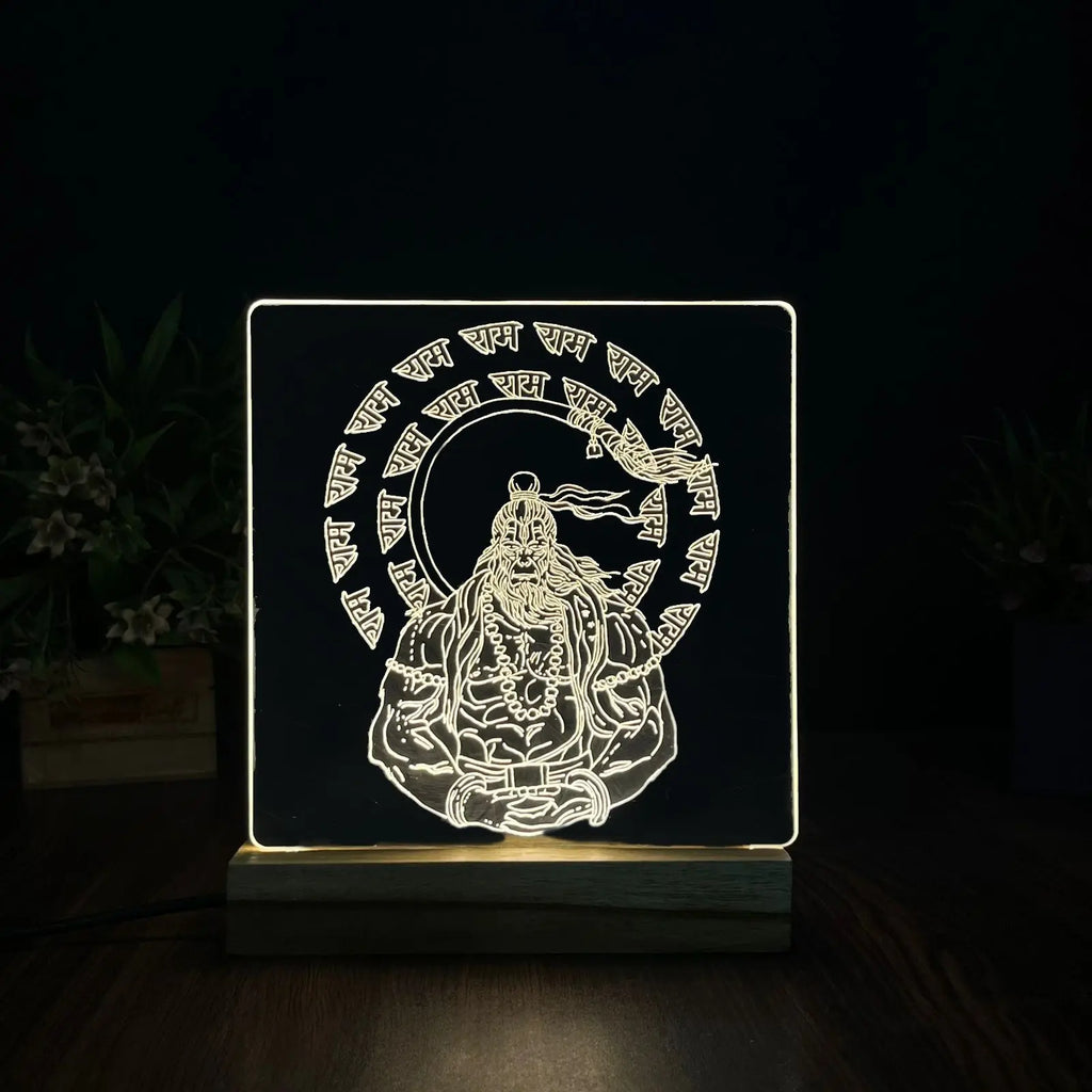 Engraved Acrylic LED Table Lamp with Spiritual Design - Wooden Base - Harshita Craft