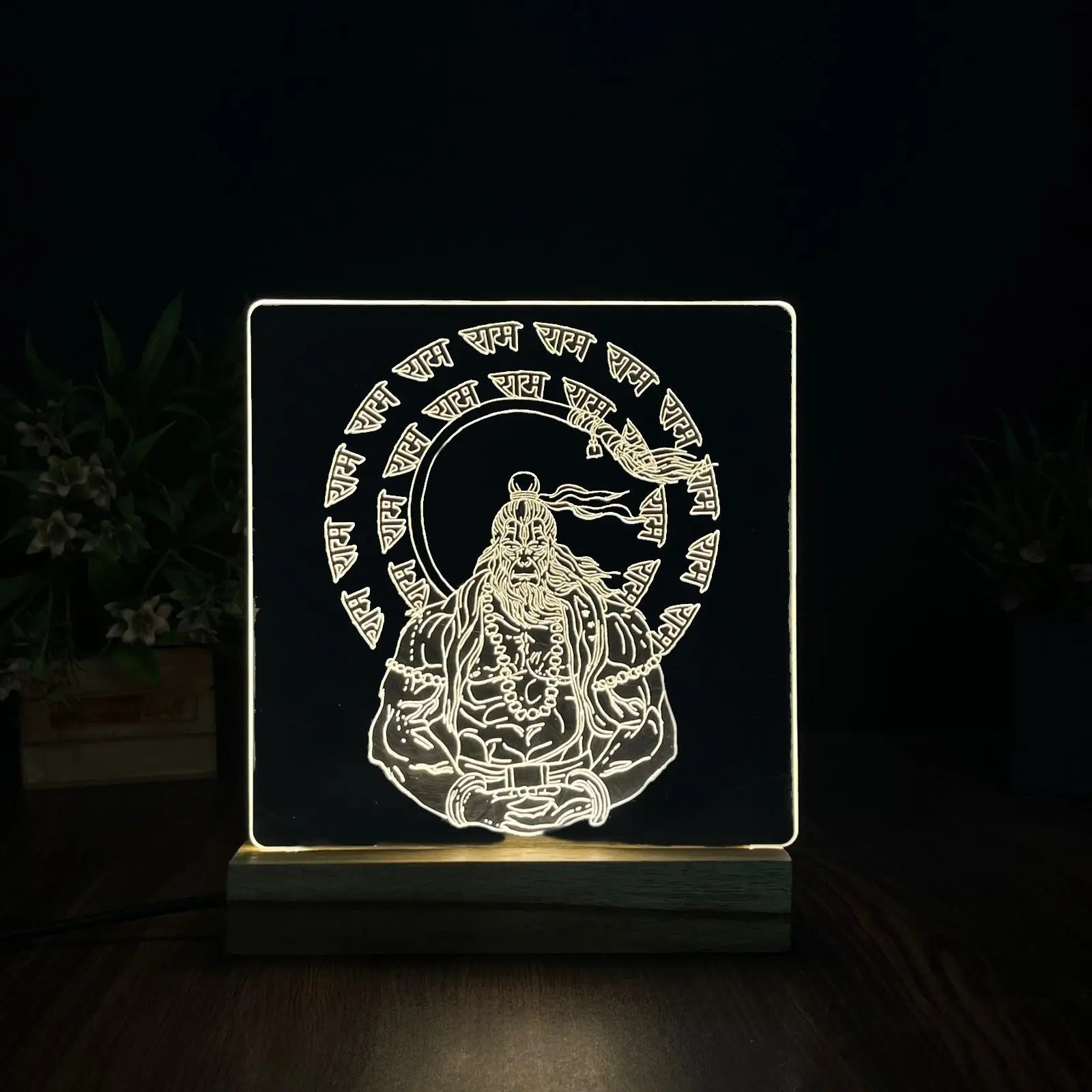 Engraved Acrylic LED Table Lamp with Spiritual Design - Wooden Base - Harshita Craft
