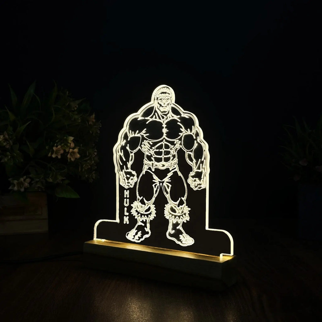 3D Illusion Hulk Night Lamp – Acrylic LED Light with Wooden Base - Harshita Craft