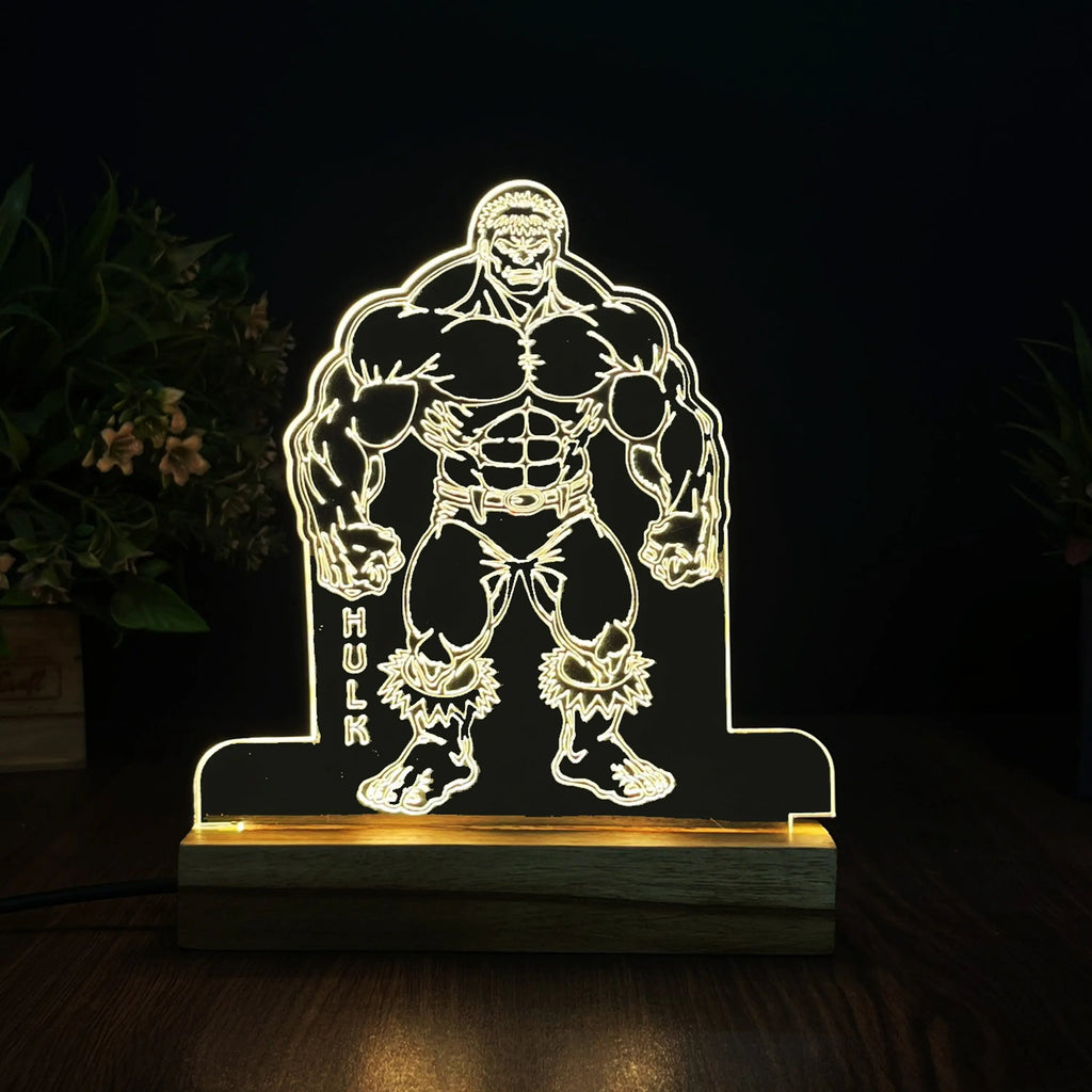 3D Illusion Hulk Night Lamp – Acrylic LED Light with Wooden Base - Harshita Craft