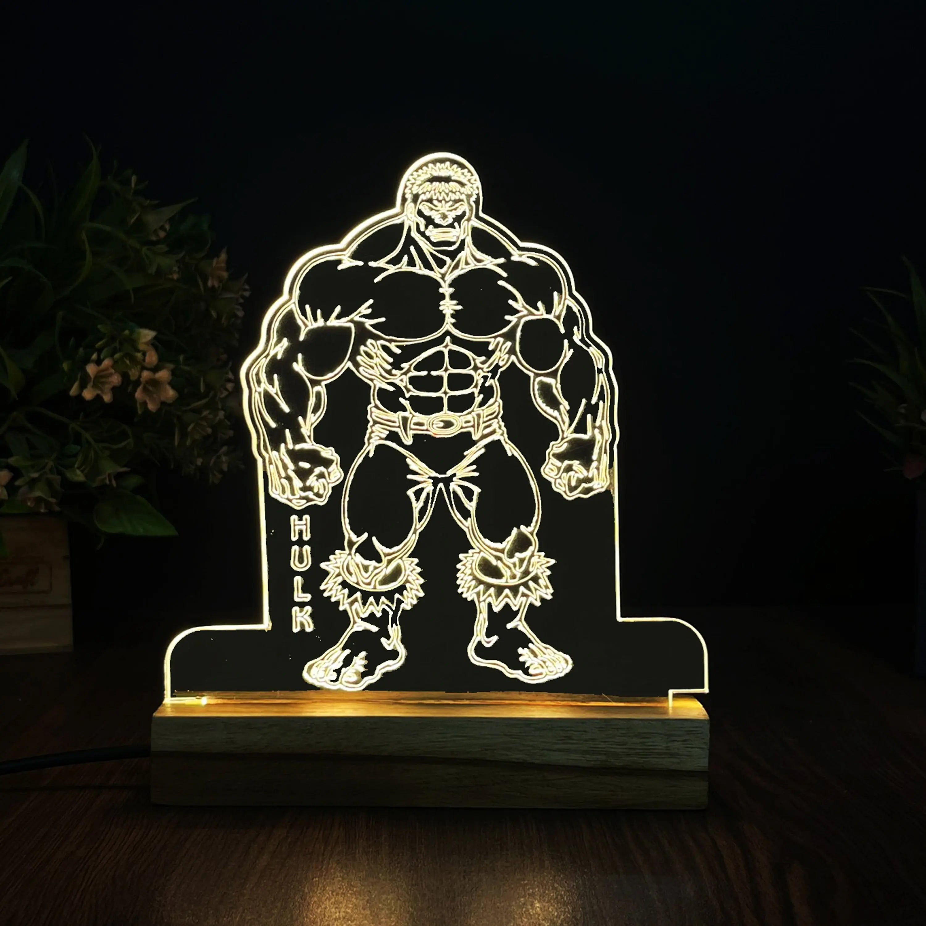 3D Illusion Hulk Night Lamp – Acrylic LED Light with Wooden Base - Harshita Craft