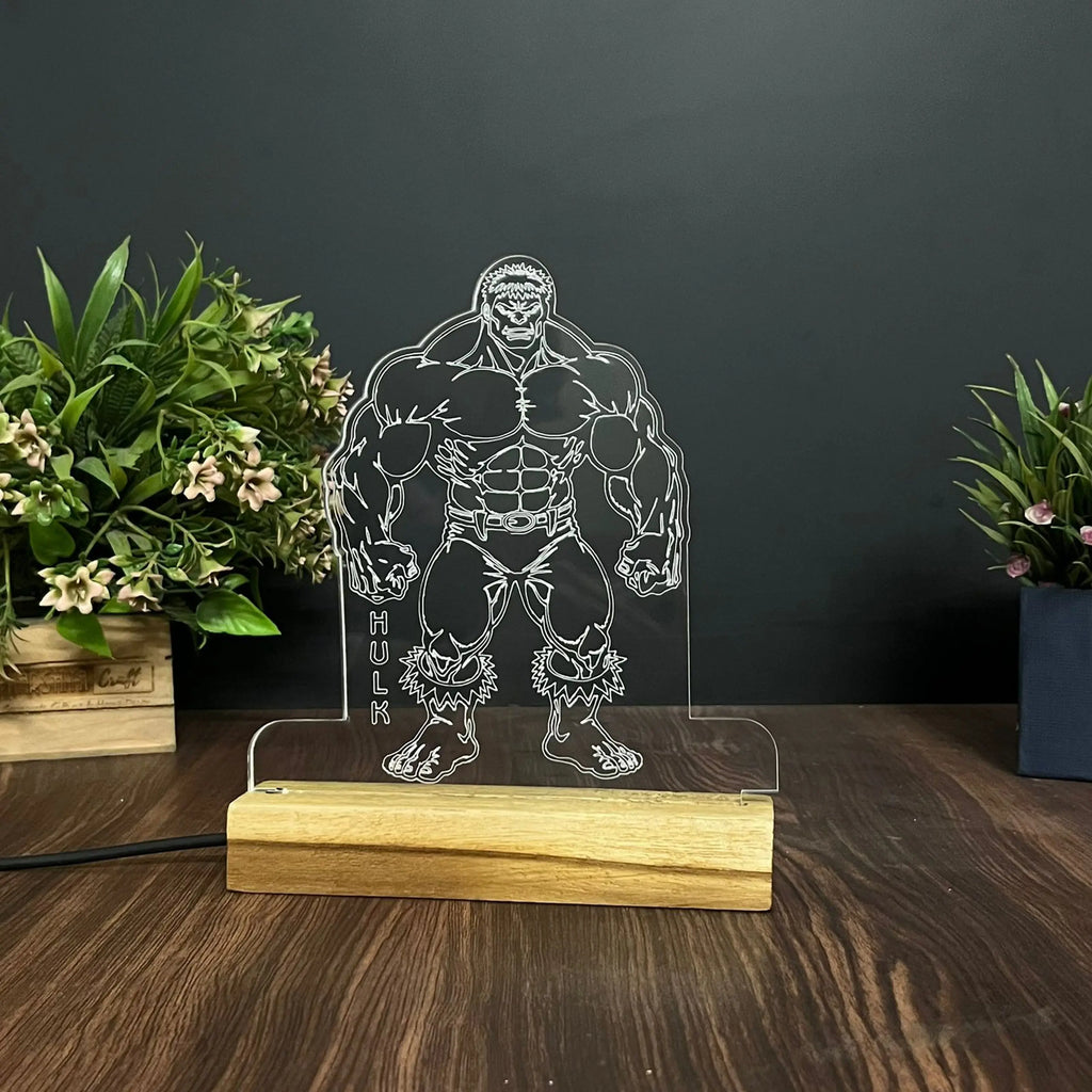 3D Illusion Hulk Night Lamp – Acrylic LED Light with Wooden Base - Harshita Craft