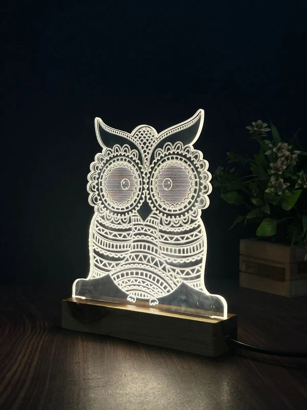 3D Illusion Owl Night Lamp – Acrylic LED Light with Wooden Base - Harshita Craft