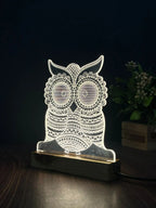3D Illusion Owl Night Lamp – Acrylic LED Light with Wooden Base - Harshita Craft