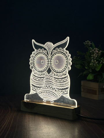 3D Illusion Owl Night Lamp – Acrylic LED Light with Wooden Base