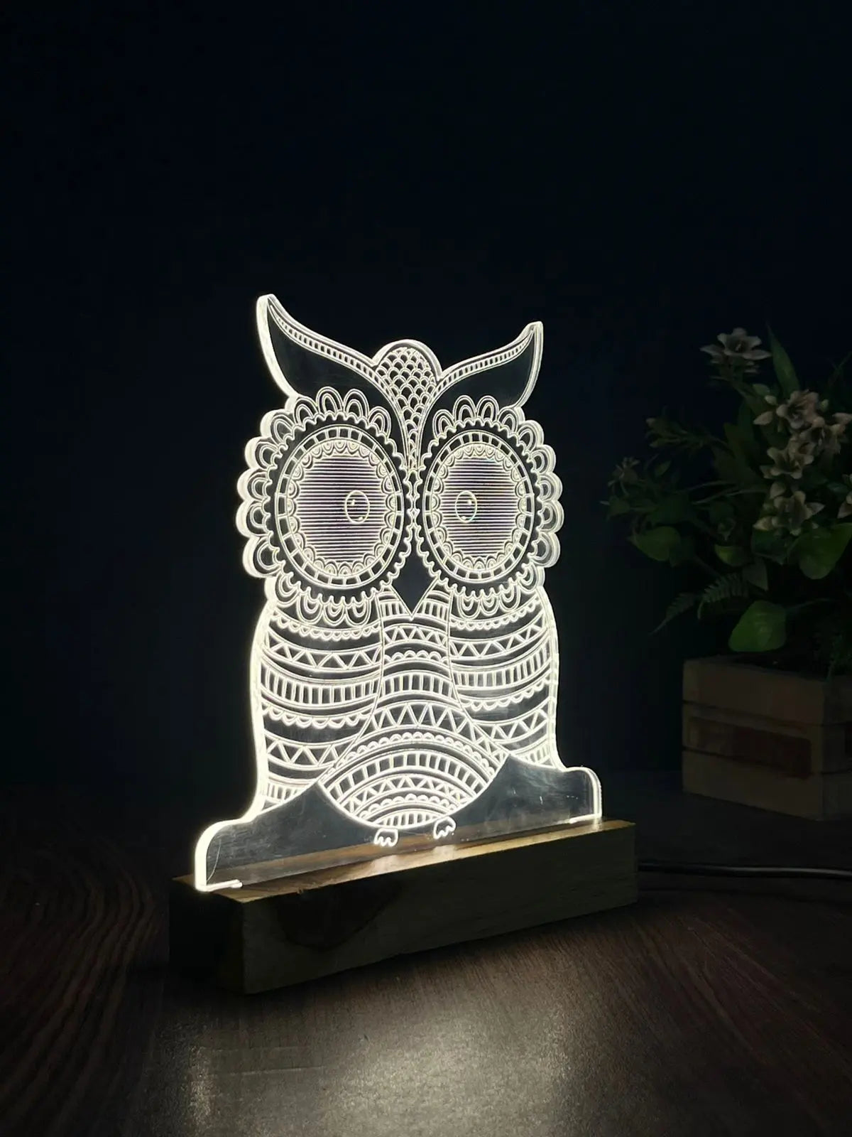 3D Illusion Owl Night Lamp – Acrylic LED Light with Wooden Base - Harshita Craft