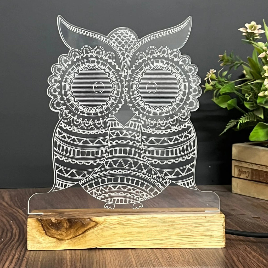 3D Illusion Owl Night Lamp – Acrylic LED Light with Wooden Base - Harshita Craft