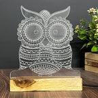 3D Illusion Owl Night Lamp – Acrylic LED Light with Wooden Base - Harshita Craft
